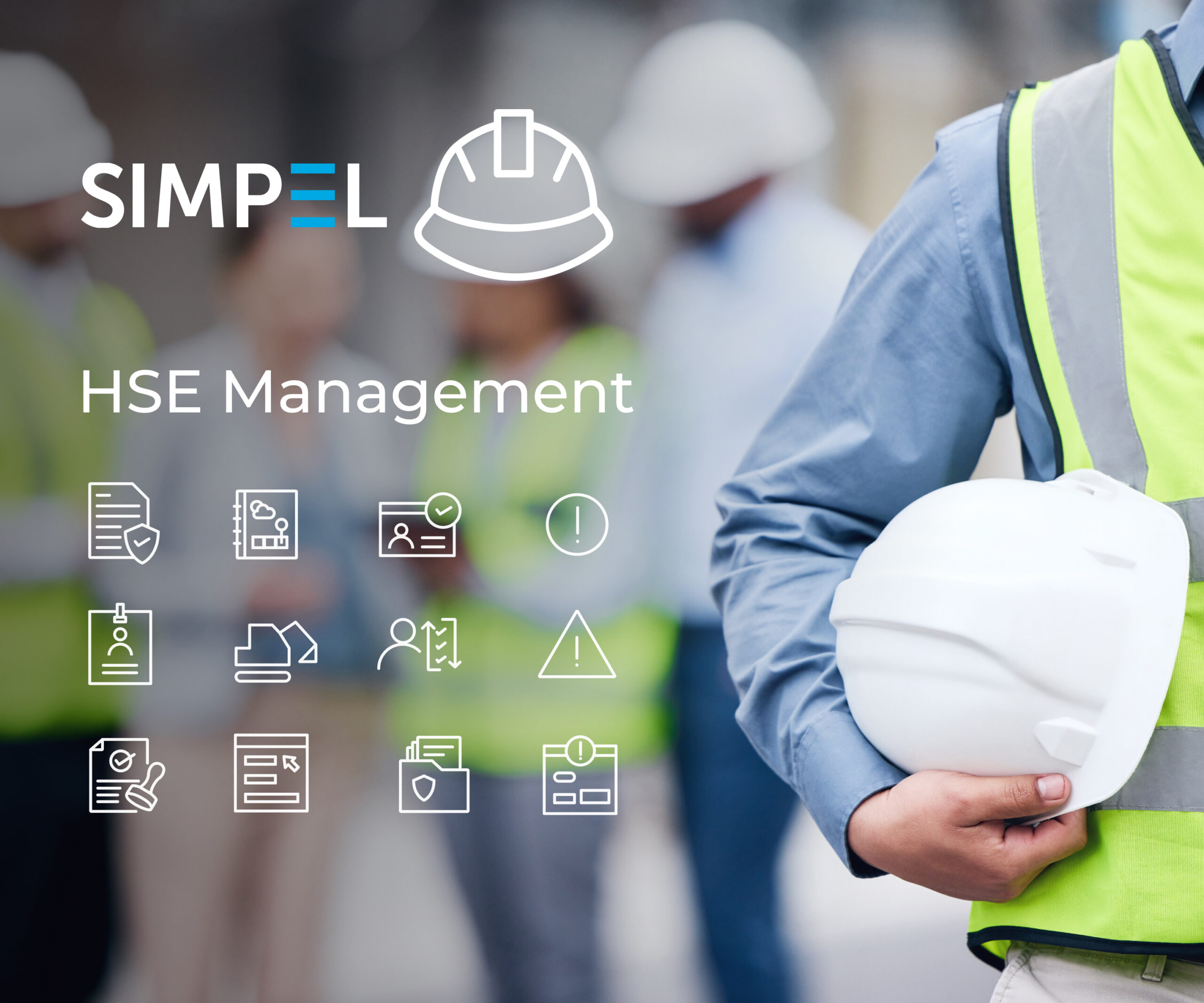 Image depicts a hard hat with Simpel Logo and icons of their HSE Management modules