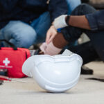 Injured construction worker with hardhat