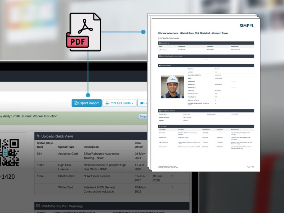 Simpel's 'export report' functionality shows on a worker profile with the digital version of the profile then the pdf print-ready report.